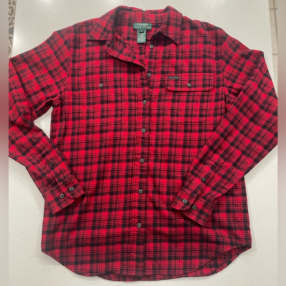 Lauren Ralph Lauren Women Red Black Plaid Flannel Button-Down Shirt Sz S cotton